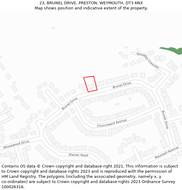 23, BRUNEL DRIVE, PRESTON, WEYMOUTH, DT3 6NX: Location map and indicative extent of plot