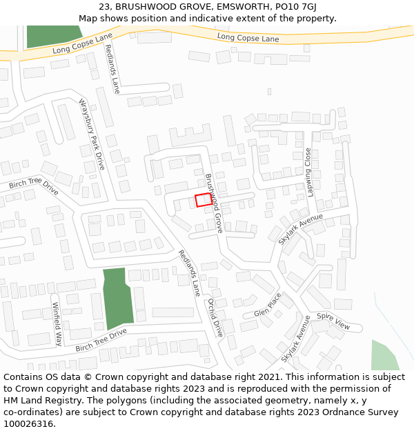 23, BRUSHWOOD GROVE, EMSWORTH, PO10 7GJ: Location map and indicative extent of plot