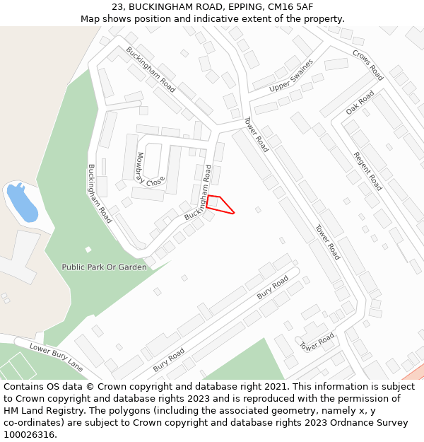 23, BUCKINGHAM ROAD, EPPING, CM16 5AF: Location map and indicative extent of plot