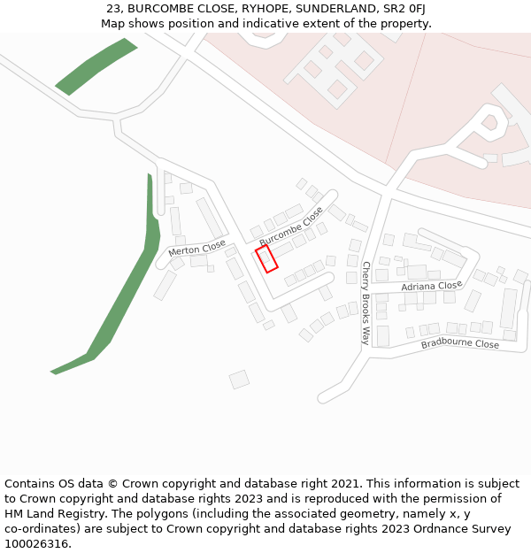 23, BURCOMBE CLOSE, RYHOPE, SUNDERLAND, SR2 0FJ: Location map and indicative extent of plot