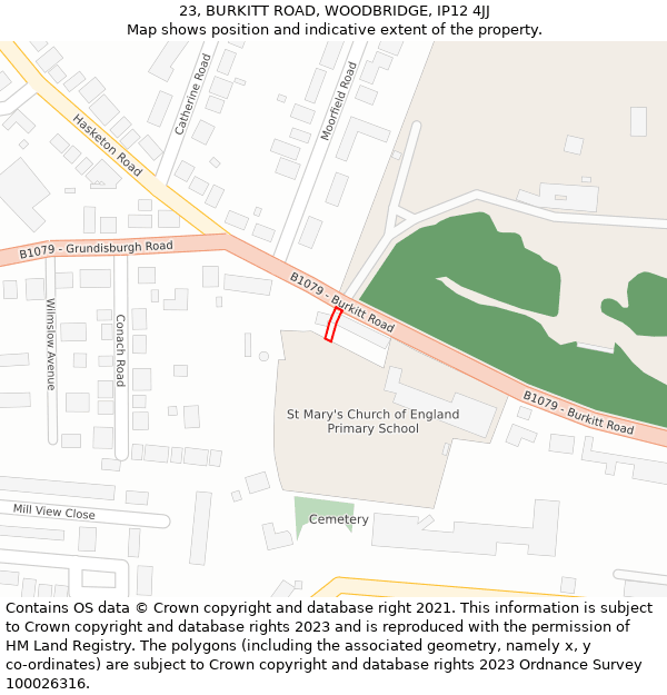 23, BURKITT ROAD, WOODBRIDGE, IP12 4JJ: Location map and indicative extent of plot