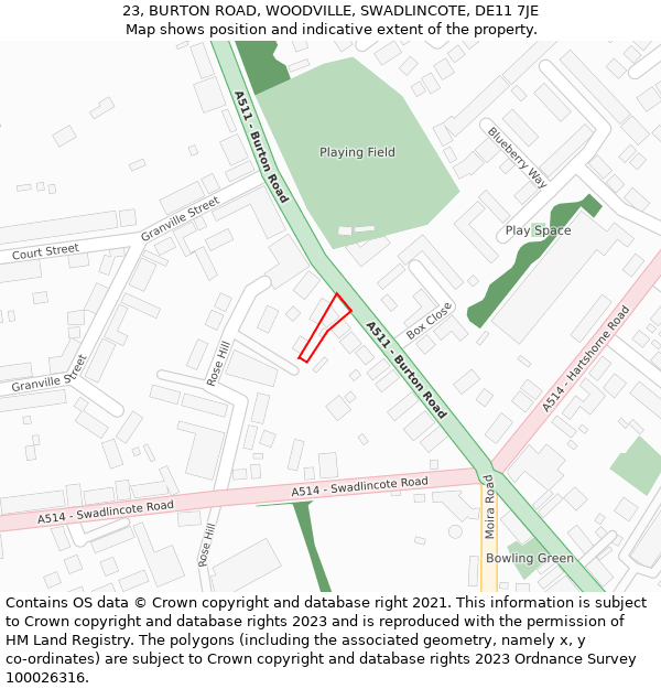 23, BURTON ROAD, WOODVILLE, SWADLINCOTE, DE11 7JE: Location map and indicative extent of plot
