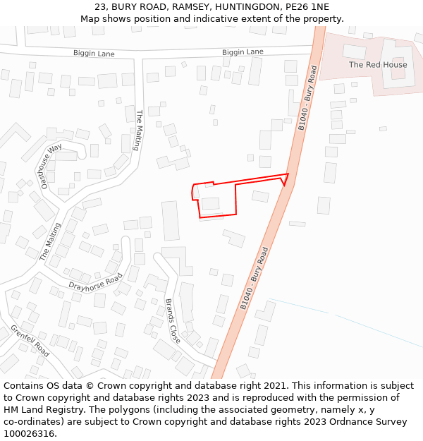 23, BURY ROAD, RAMSEY, HUNTINGDON, PE26 1NE: Location map and indicative extent of plot