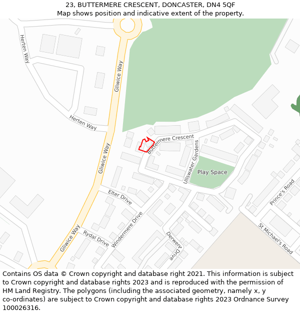 23, BUTTERMERE CRESCENT, DONCASTER, DN4 5QF: Location map and indicative extent of plot