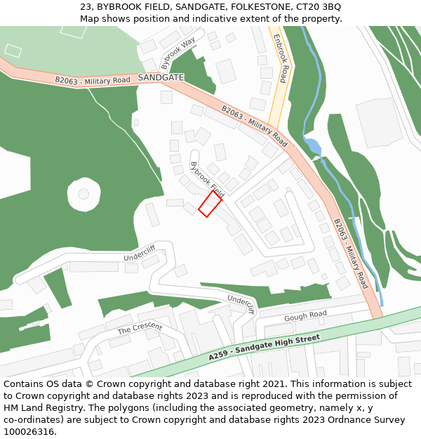 23, BYBROOK FIELD, SANDGATE, FOLKESTONE, CT20 3BQ: Location map and indicative extent of plot