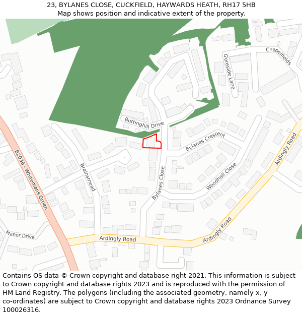 23, BYLANES CLOSE, CUCKFIELD, HAYWARDS HEATH, RH17 5HB: Location map and indicative extent of plot