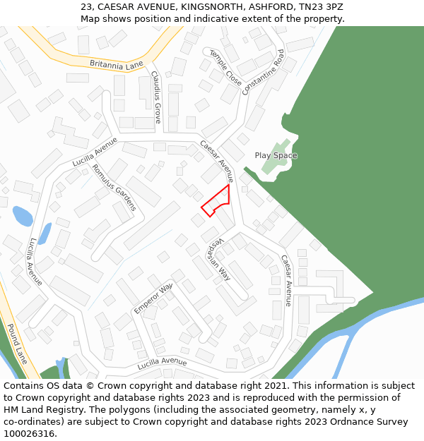 23, CAESAR AVENUE, KINGSNORTH, ASHFORD, TN23 3PZ: Location map and indicative extent of plot