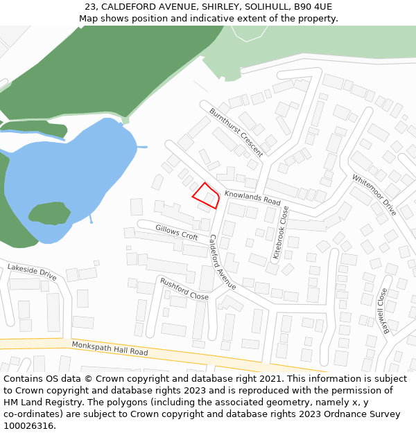 23, CALDEFORD AVENUE, SHIRLEY, SOLIHULL, B90 4UE: Location map and indicative extent of plot