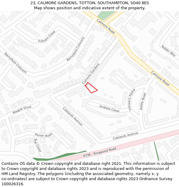 23, CALMORE GARDENS, TOTTON, SOUTHAMPTON, SO40 8ES: Location map and indicative extent of plot