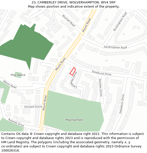 23, CAMBERLEY DRIVE, WOLVERHAMPTON, WV4 5RP: Location map and indicative extent of plot
