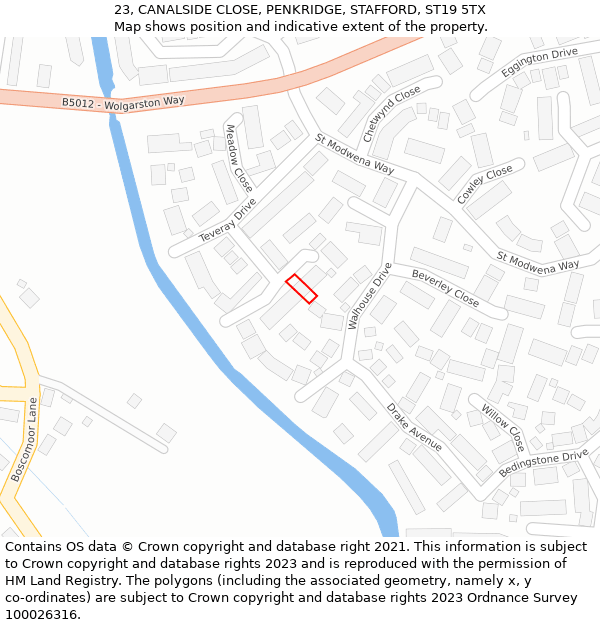 23, CANALSIDE CLOSE, PENKRIDGE, STAFFORD, ST19 5TX: Location map and indicative extent of plot