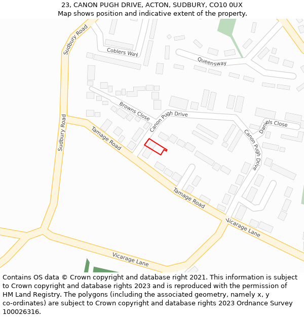 23, CANON PUGH DRIVE, ACTON, SUDBURY, CO10 0UX: Location map and indicative extent of plot