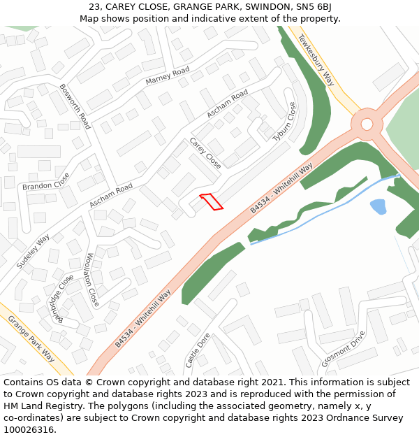 23, CAREY CLOSE, GRANGE PARK, SWINDON, SN5 6BJ: Location map and indicative extent of plot