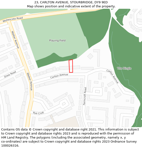 23, CARLTON AVENUE, STOURBRIDGE, DY9 9ED: Location map and indicative extent of plot
