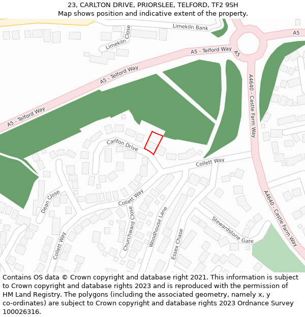 23, CARLTON DRIVE, PRIORSLEE, TELFORD, TF2 9SH: Location map and indicative extent of plot