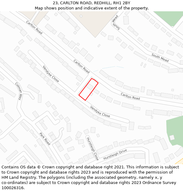 23, CARLTON ROAD, REDHILL, RH1 2BY: Location map and indicative extent of plot