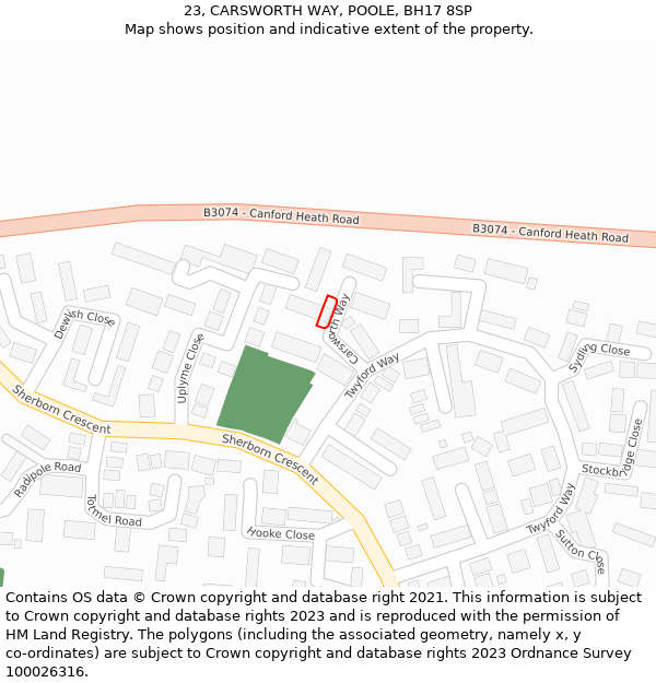 23, CARSWORTH WAY, POOLE, BH17 8SP: Location map and indicative extent of plot