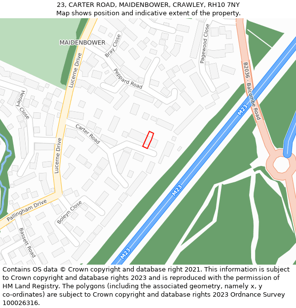 23, CARTER ROAD, MAIDENBOWER, CRAWLEY, RH10 7NY: Location map and indicative extent of plot