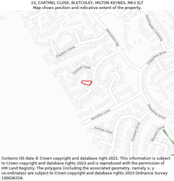 23, CARTMEL CLOSE, BLETCHLEY, MILTON KEYNES, MK3 5LT: Location map and indicative extent of plot