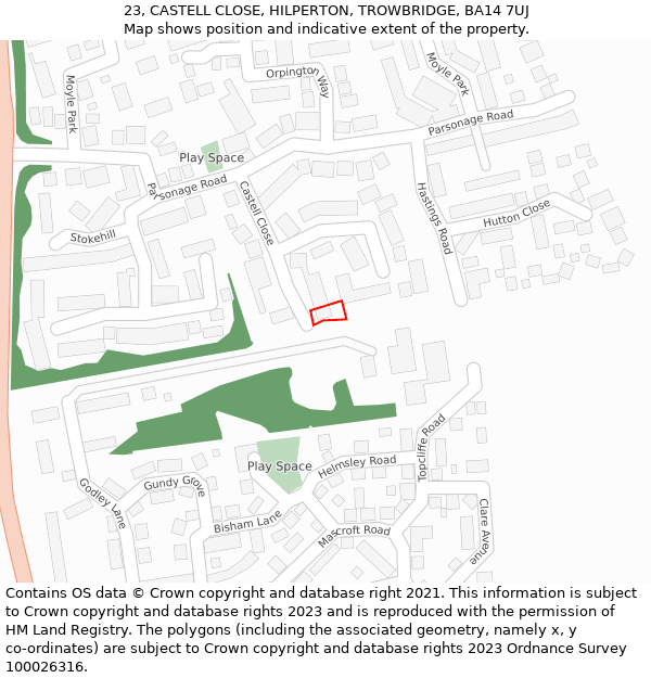 23, CASTELL CLOSE, HILPERTON, TROWBRIDGE, BA14 7UJ: Location map and indicative extent of plot