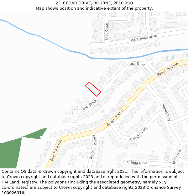 23, CEDAR DRIVE, BOURNE, PE10 9SQ: Location map and indicative extent of plot