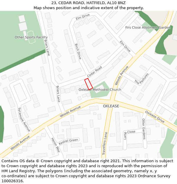 23, CEDAR ROAD, HATFIELD, AL10 8NZ: Location map and indicative extent of plot