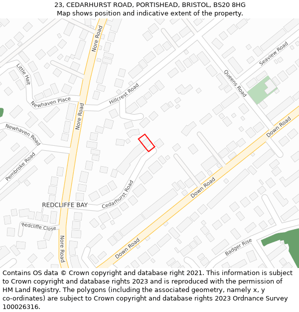 23, CEDARHURST ROAD, PORTISHEAD, BRISTOL, BS20 8HG: Location map and indicative extent of plot