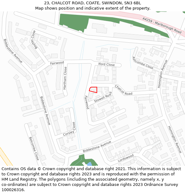 23, CHALCOT ROAD, COATE, SWINDON, SN3 6BL: Location map and indicative extent of plot