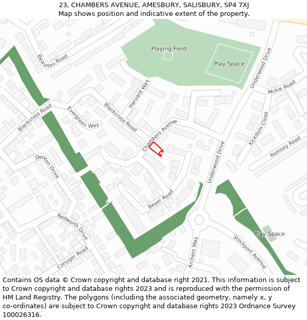 23, CHAMBERS AVENUE, AMESBURY, SALISBURY, SP4 7XJ: Location map and indicative extent of plot