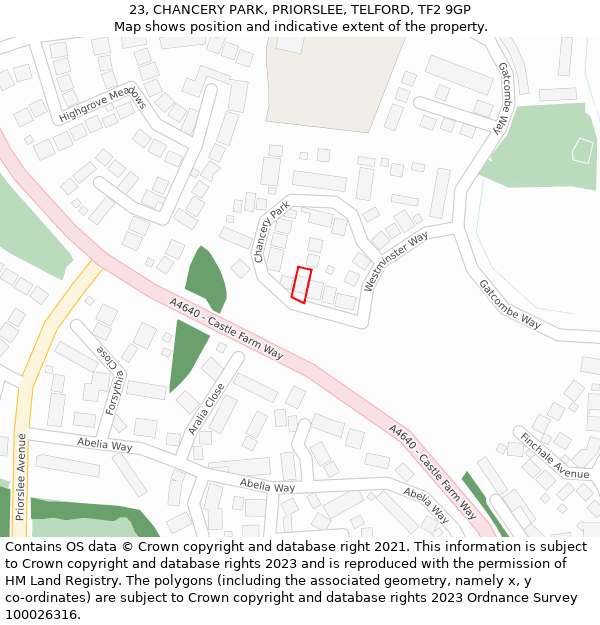 23, CHANCERY PARK, PRIORSLEE, TELFORD, TF2 9GP: Location map and indicative extent of plot