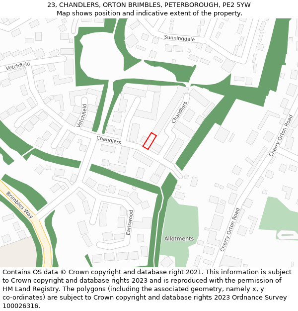 23, CHANDLERS, ORTON BRIMBLES, PETERBOROUGH, PE2 5YW: Location map and indicative extent of plot