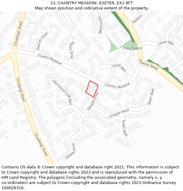 23, CHANTRY MEADOW, EXETER, EX2 8FT: Location map and indicative extent of plot