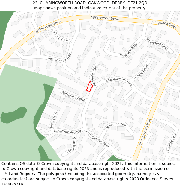 23, CHARINGWORTH ROAD, OAKWOOD, DERBY, DE21 2QD: Location map and indicative extent of plot