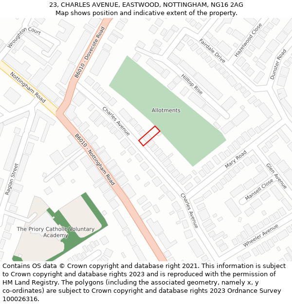 23, CHARLES AVENUE, EASTWOOD, NOTTINGHAM, NG16 2AG: Location map and indicative extent of plot