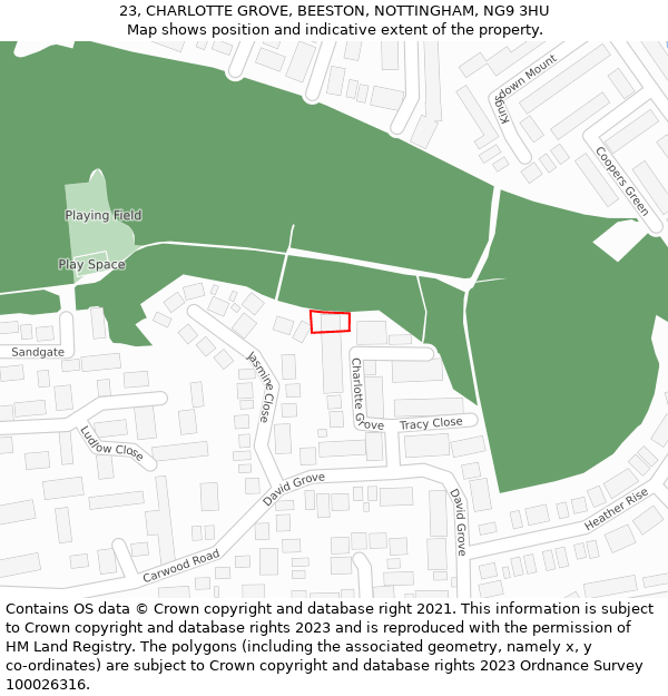 23, CHARLOTTE GROVE, BEESTON, NOTTINGHAM, NG9 3HU: Location map and indicative extent of plot