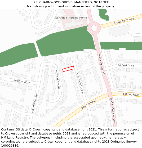 23, CHARNWOOD GROVE, MANSFIELD, NG18 3EF: Location map and indicative extent of plot