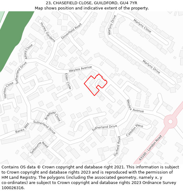 23, CHASEFIELD CLOSE, GUILDFORD, GU4 7YR: Location map and indicative extent of plot