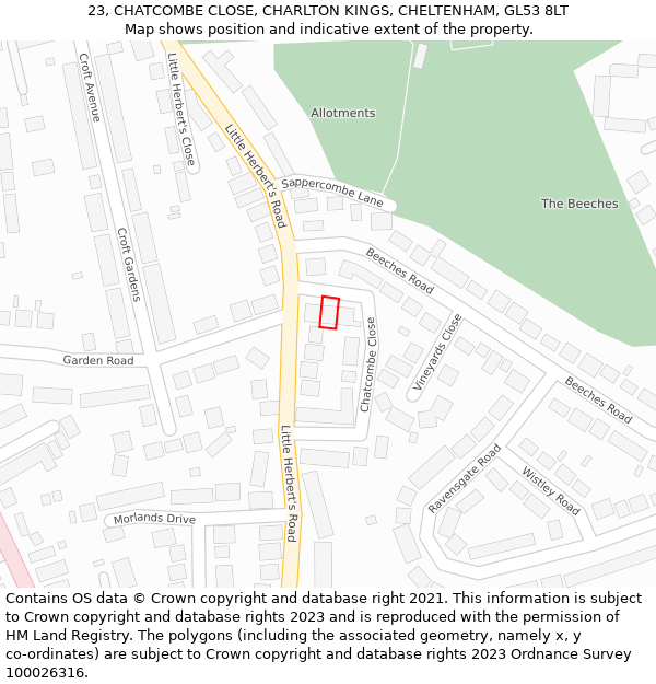 23, CHATCOMBE CLOSE, CHARLTON KINGS, CHELTENHAM, GL53 8LT: Location map and indicative extent of plot