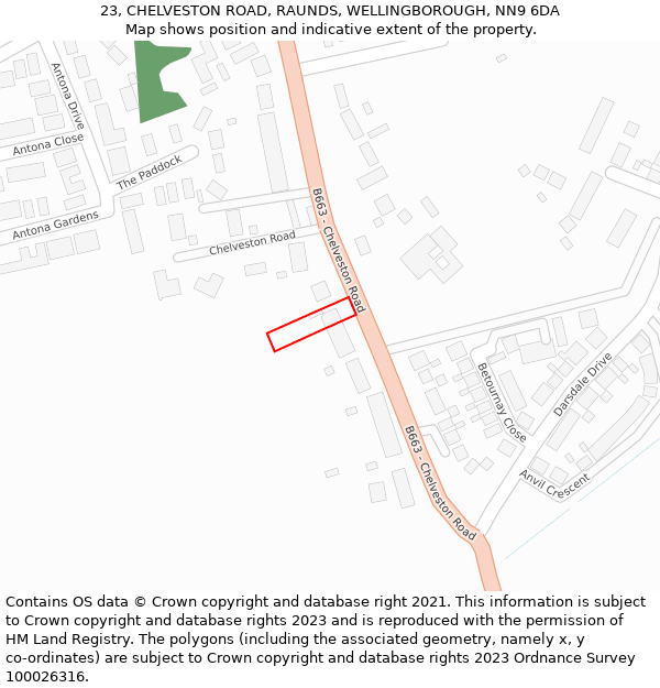 23, CHELVESTON ROAD, RAUNDS, WELLINGBOROUGH, NN9 6DA: Location map and indicative extent of plot
