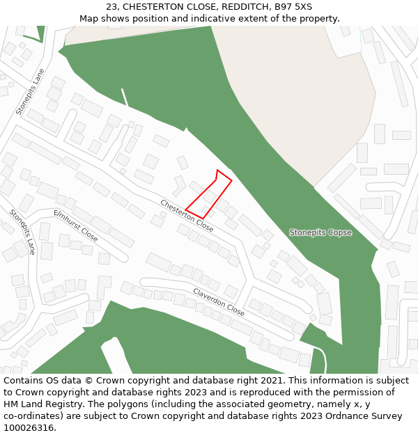 23, CHESTERTON CLOSE, REDDITCH, B97 5XS: Location map and indicative extent of plot