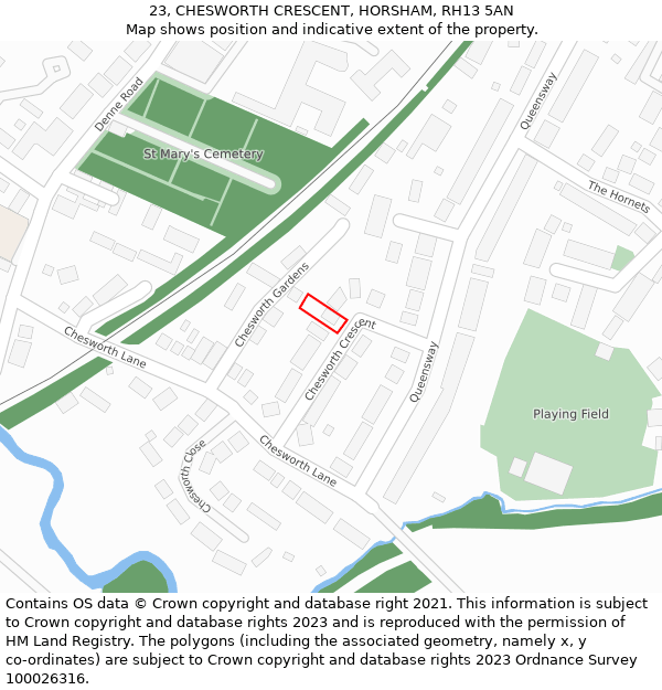 23, CHESWORTH CRESCENT, HORSHAM, RH13 5AN: Location map and indicative extent of plot