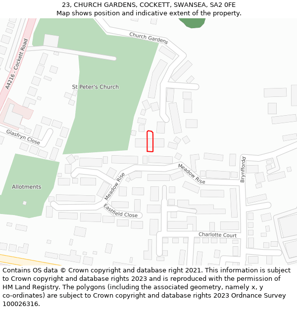 23, CHURCH GARDENS, COCKETT, SWANSEA, SA2 0FE: Location map and indicative extent of plot