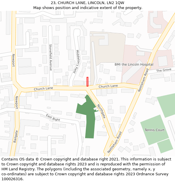 23, CHURCH LANE, LINCOLN, LN2 1QW: Location map and indicative extent of plot