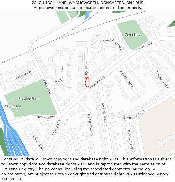 23, CHURCH LANE, WARMSWORTH, DONCASTER, DN4 9NS: Location map and indicative extent of plot