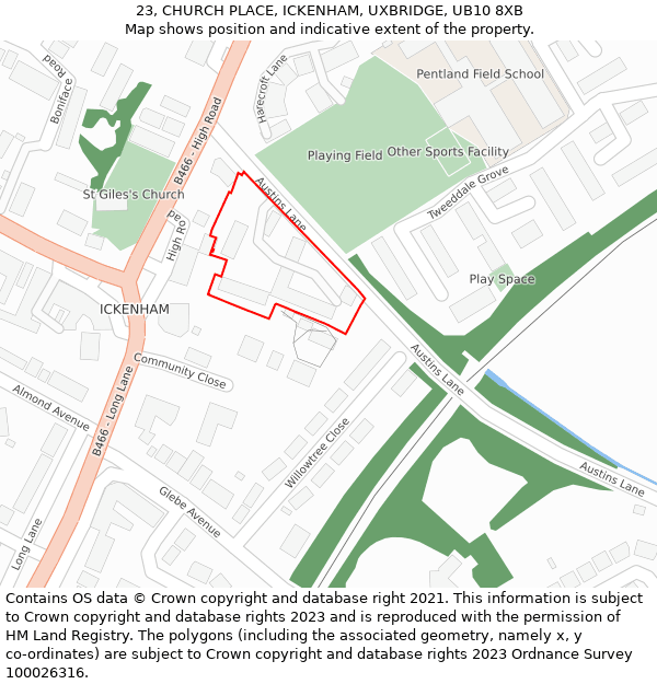 23, CHURCH PLACE, ICKENHAM, UXBRIDGE, UB10 8XB: Location map and indicative extent of plot