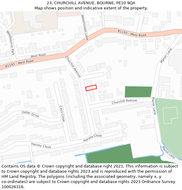 23, CHURCHILL AVENUE, BOURNE, PE10 9QA: Location map and indicative extent of plot