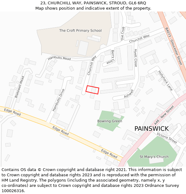 23, CHURCHILL WAY, PAINSWICK, STROUD, GL6 6RQ: Location map and indicative extent of plot