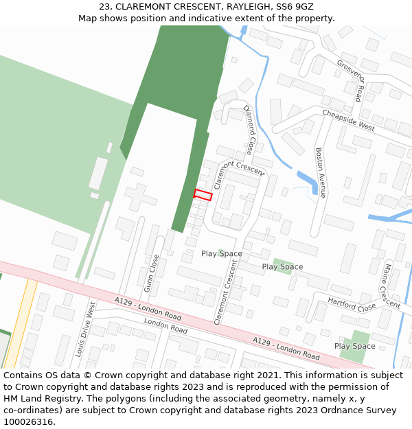 23, CLAREMONT CRESCENT, RAYLEIGH, SS6 9GZ: Location map and indicative extent of plot