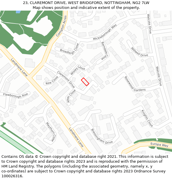 23, CLAREMONT DRIVE, WEST BRIDGFORD, NOTTINGHAM, NG2 7LW: Location map and indicative extent of plot