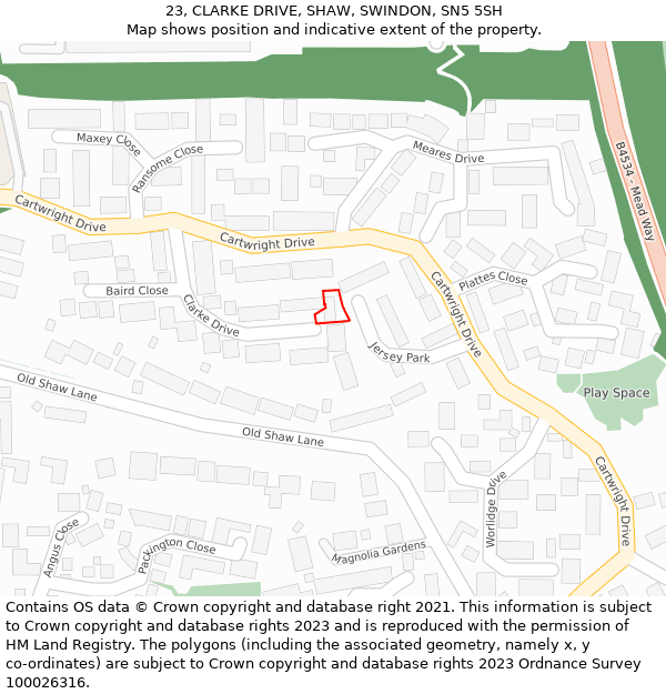 23, CLARKE DRIVE, SHAW, SWINDON, SN5 5SH: Location map and indicative extent of plot